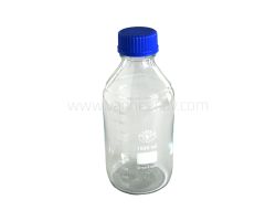 Fles, laboratorium, 1ltr, GL45, incl. blauwe dop en gietring